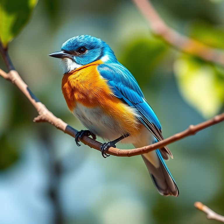 Create a vector illustration of a blue bird perched on a branch, using vibrant colors and smooth lines, shot with a Canon EOS 5D Mark IV, f/2.8 aperture, 50mm lens, in a bright daylight setting with a shallow depth of field.