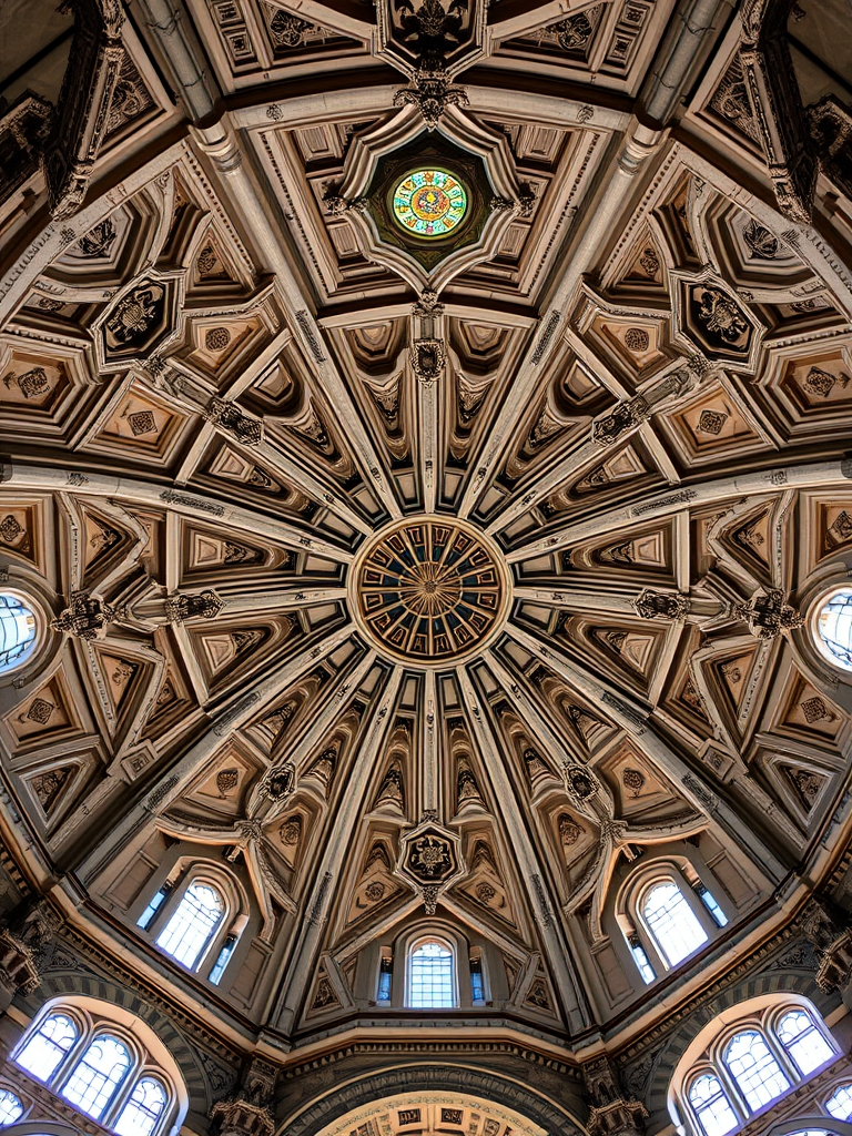 high-resolution image of an intricate architectural ceiling with geometric patterns and detailed designs, taken from a low-angle perspective, 24mm lens, f/8 aperture, ISO 100, HDR imaging technique, natural lighting