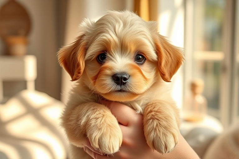 Generate an image of a fluffy light brown puppy being held by a person with a cozy indoor background featuring sunlight and soft textures the puppy has a cute expression with big eyes and a small nose