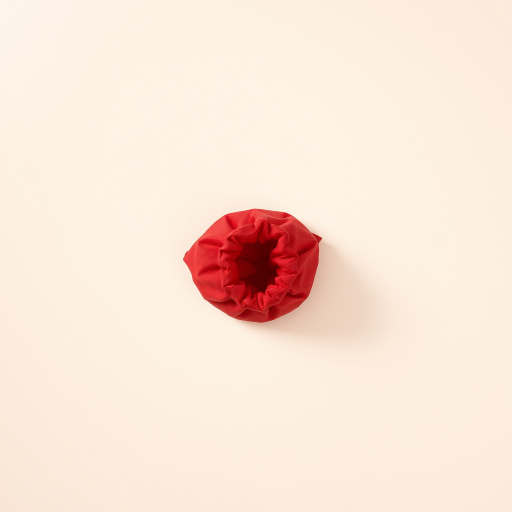 a red sack on a simple background photographed with a DSLR camera using a 50mm lens at f/1.8 aperture, ISO 200, 1/100s exposure, top-down view with soft diffused lighting to enhance texture and depth