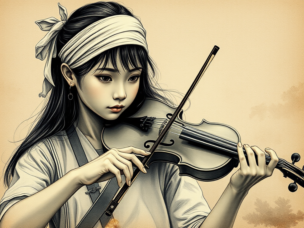 a young Ryukyuan woman with a white headband playing a violin, in the style of a charcoal drawing, sepia grunge background