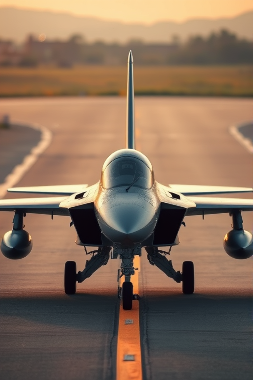 Capture a high-resolution image of a silver military jet on a runway with a soft morning light, using a DSLR camera with a 50mm lens, aperture set to f/2.8, ISO 100, shutter speed of 1/500 sec, and a shallow depth of field to enhance the jet's details against a blurred background.