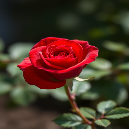 Generate a high-resolution image of a single red rose with vibrant colors, use a 50mm lens, aperture f/2.8, ISO 100, shot in natural light with a shallow depth of field for a blurred background, in a macro photography style using a DSLR camera.