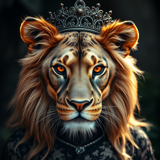 Create a fantasy portrait of a regal lioness with glowing orange eyes, adorned in ornate black lace attire and a crown, captured with a full-frame DSLR at f/1.8, ISO 100, 1/200s in soft natural lighting, using a close-up lens to emphasize details and textures.