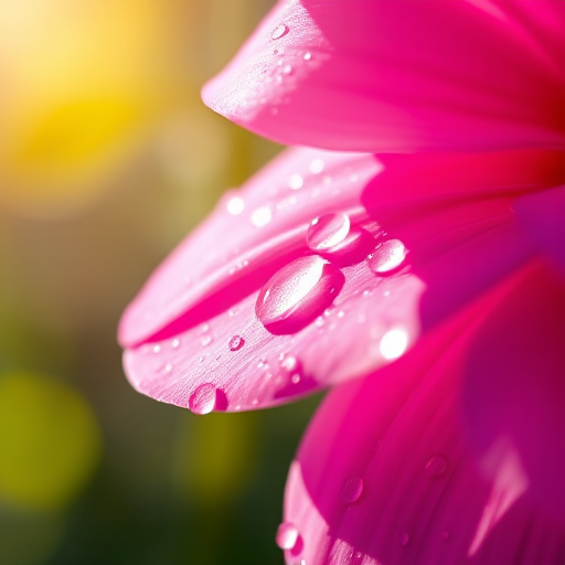 close-up shot of pink flower petals with water droplets illuminated by sunlight, shallow depth of field, f/2.8 aperture, ISO 100, 1/500 sec shutter speed, macro lens, soft bokeh background, natural lighting