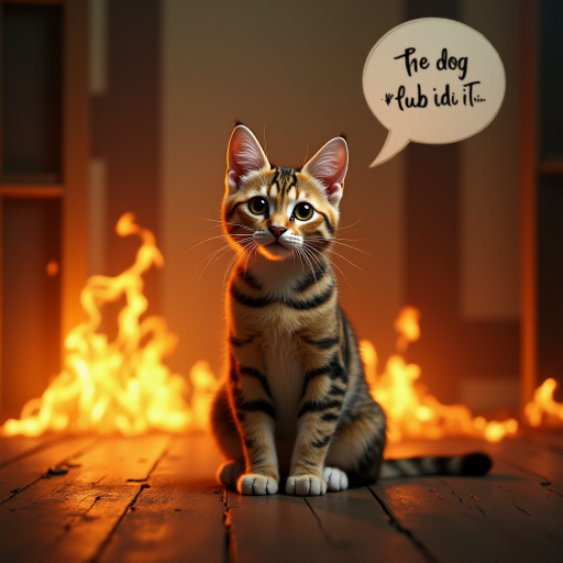Photorealistic image of an innocent-looking cat sitting calmly in the middle of a burning room. Flames engulf the room, with fire licking up the walls and smoke filling the air. The cat is sitting on the floor, looking directly at the viewer with wide, innocent eyes. Above the cat, a speech bubble says "The dog did it". The contrast between the cat's calm demeanor and the chaos around it creates a humorous and surreal scene.