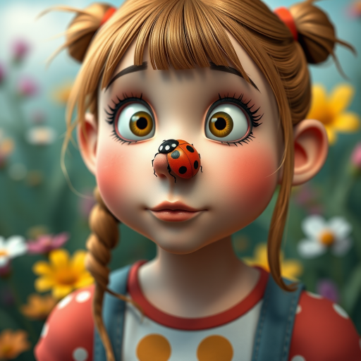 whimsical comical cartoon art Quentin Blake style, closeup portrait view of a cute girl with two ponytails in her hair, an adorable ladybug sits on her nose, funny children’s book illustration with bright colors and flowers in the background