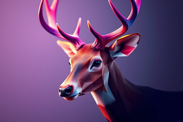 Create a low-poly artistic representation of a deer head with vibrant color gradients, use a DSLR camera with a 50mm lens, aperture set to f/1.8, ISO 100, and a soft-focus background for enhanced depth.