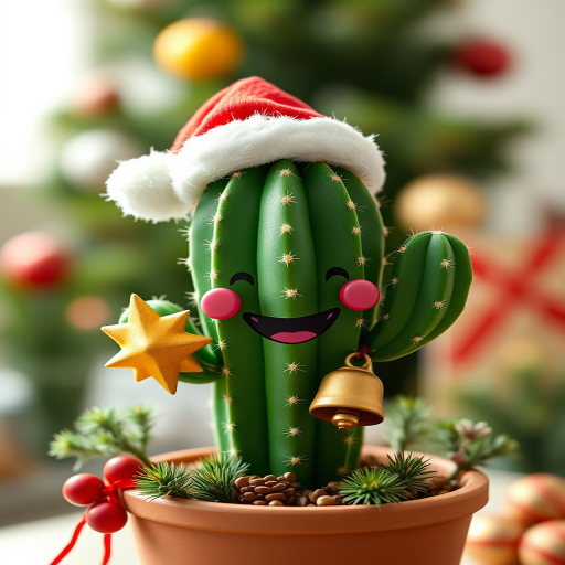 Create a cute 3D cactus character wearing a Santa hat with a big smile, holding a star and a bell, placed in a festive pot with Christmas decorations, captured with a Canon EOS R5, 50mm lens, f/2.8 aperture, natural light, and a slight bokeh effect to enhance focus on the cactus.