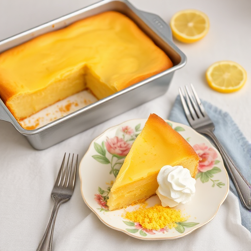A delicious lemon dessert cake served in a silver rectangular pan with a slice on a floral plate garnished with whipped cream and crumbs, surrounded by forks and a lemon slice on a light fabric background.