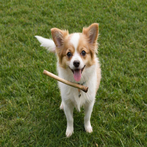 A small, fluffy dog with a light brown and white coat holds a stick in its mouth while standing on green grass.