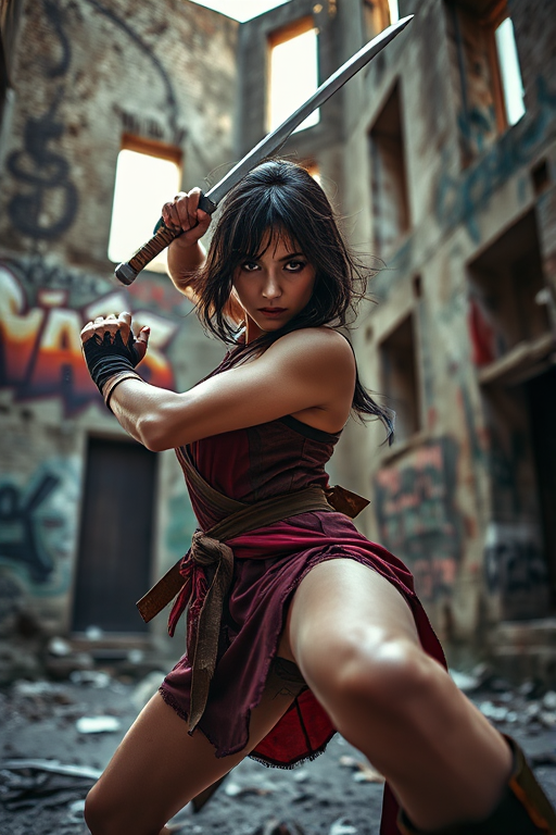 Female warrior in dynamic pose, detailed urban ruin background with graffiti, soft natural lighting, 35mm lens, f/2.8 aperture, ISO 100, shooting from a low angle to emphasize strength and power, DSLR camera.