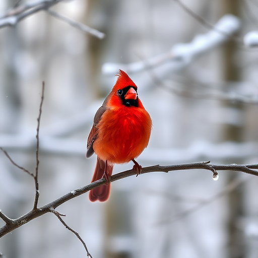 A vibrant cardinal perched on a bare branch in a snowy forest setting, captured with a 50mm lens at f/2.8, ISO 400, shutter speed 1/250s, using a DSLR camera with a shallow depth of field, in soft natural light.