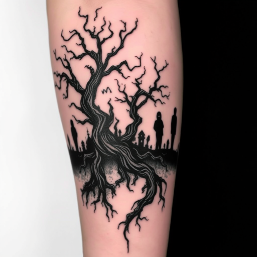 Haunting blackwork tattoo titled "Shadow Realm" showcasing a surreal landscape of twisted trees and eerie silhouettes. Intense black ink creates stark contrasts and deep shadows, while negative space is used strategically to define shapes and add depth. Intricate linework and stippling techniques create texture and atmosphere in this dark, captivating piece.