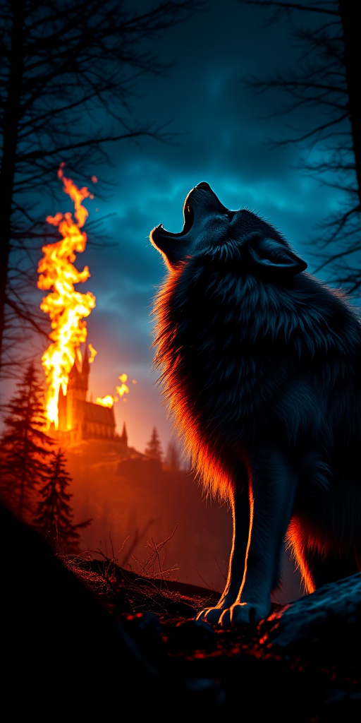 A mystical night scene featuring a majestic wolf howling at a fiery silhouette in a forest setting with a distant castle in the background, shot with a DSLR camera at f/2.8 aperture, ISO 100, 24mm focal length, using a low-angle view for dramatic perspective and enhanced color saturation for vibrant flames and cool blues.
