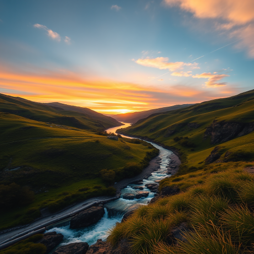 Create an image of a scenic landscape during golden hour with lush green hills, a flowing river, and a vibrant sky, shot with a DSLR camera at f/8 aperture, ISO 100, 1/125 sec exposure, using a wide-angle lens from a low angle view for perspective depth.