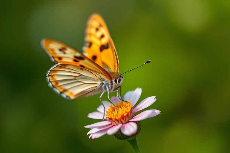 close-up of a butterfly perched on a flower with a blurred green background, aperture f/2.8, shutter speed 1/200s, ISO 100, macro lens, soft natural light, high-resolution image.