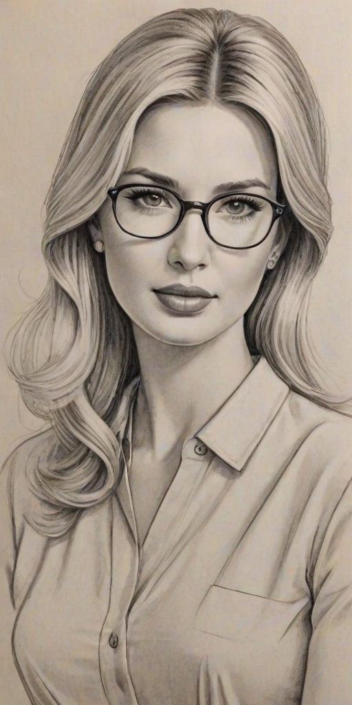 Bewitching Ivanka Trump, pencil sketch, portrait of Attractive woman 1946s in glasses, hair style beatnik, outline, clear lines, fine lines, 8k