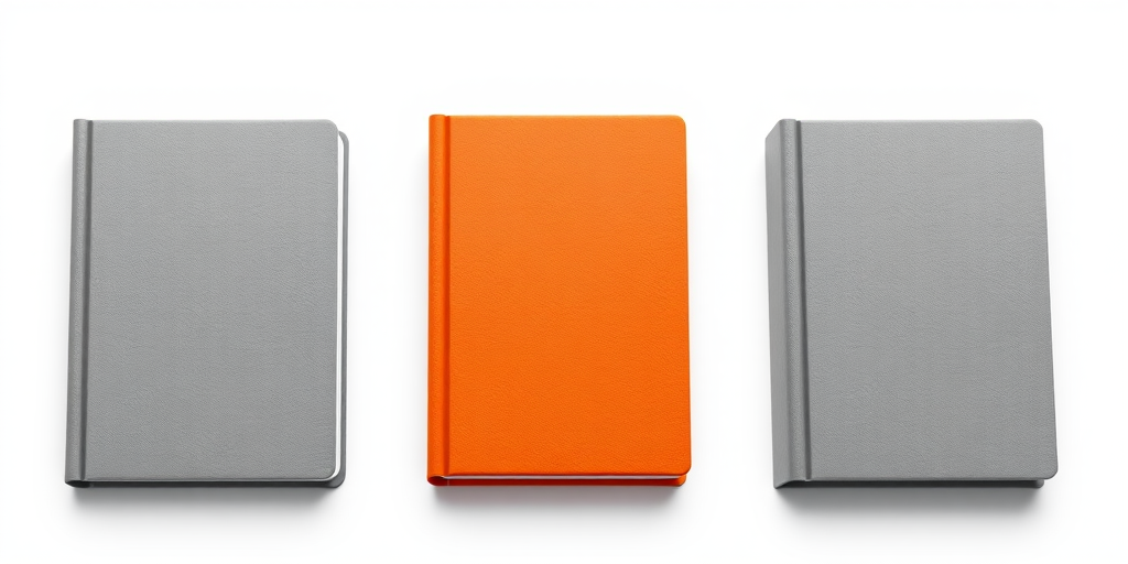 Create a digital illustration of three stylized books, featuring one gray book on the left, an orange book in the center, and a gray book on the right, with a clean white background, captured with a Canon EOS R5 camera, aperture set at f/8, ISO 100, and a 50mm lens for sharp detail and vibrant colors.