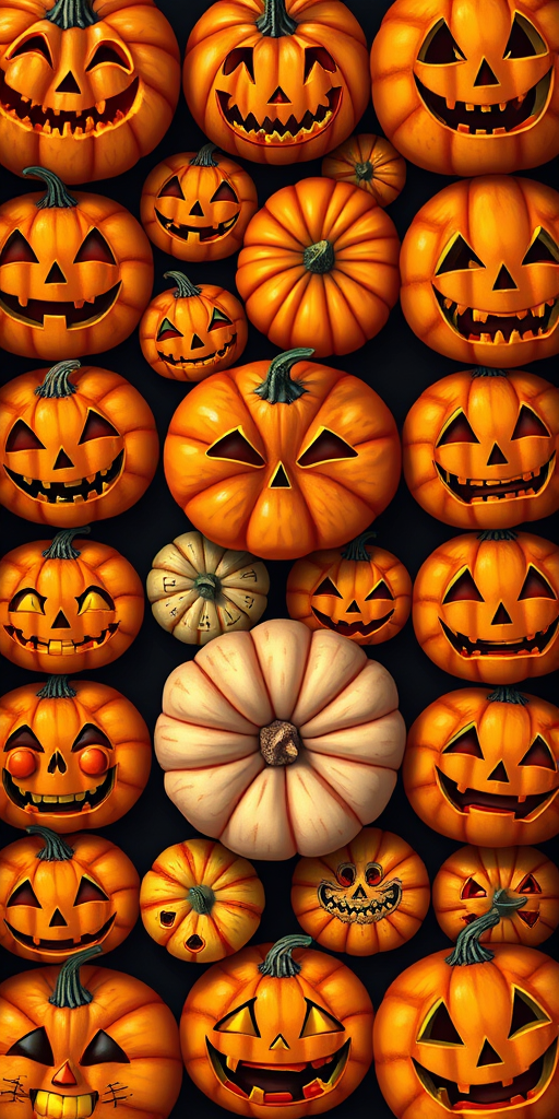 Create a high-resolution illustration of various Halloween pumpkins with different facial expressions arranged in a grid format, using a Canon EOS 5D Mark IV, f/8 aperture, 1/60s shutter speed, ISO 100, top-down view, and vibrant colors to enhance clarity and detail.