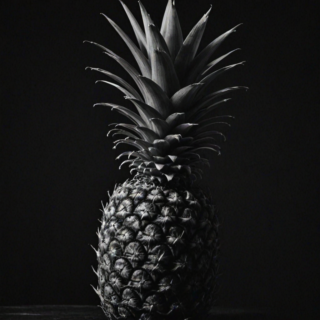 a black and white image of a pineapple against a dark background