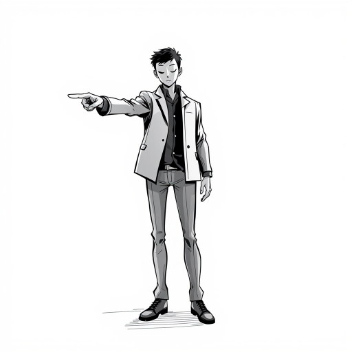 Create a high-contrast, detailed illustration of a standing figure pointing forward, using a Canon EOS R5 with a 50mm f/1.2 lens at ISO 100, aperture f/2.8, and a shutter speed of 1/125s, in a studio setting with softbox lighting for even illumination.