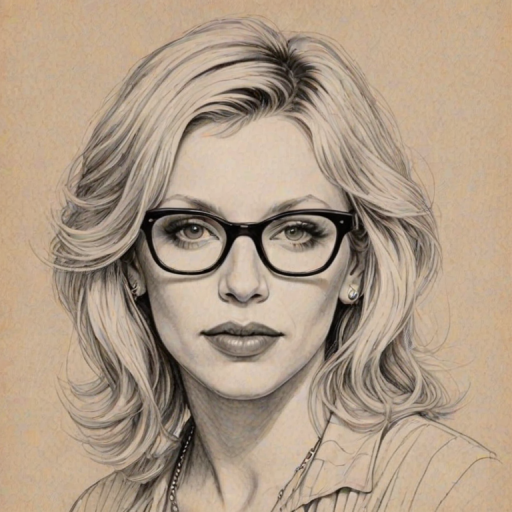 Superb Courtney Love, pencil sketch, portrait of Ravishing woman 1954s in glasses, hair style beatnik, outline, clear lines, fine lines, 8k