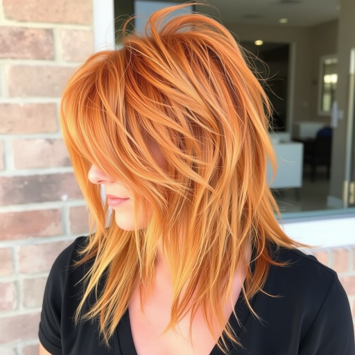 Burnt orange shaggy mullet with honey blonde highlights, known as "Desert Sunset" style, featuring choppy layers and a textured fringe