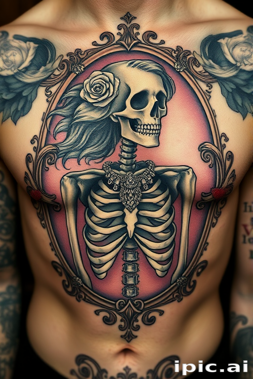 Macabre Victorian-inspired cameo tattoo portraying a skeleton adorned with ornate jewelry and flowing hair, framed by intricate filigree work, nestled in the center of the chest