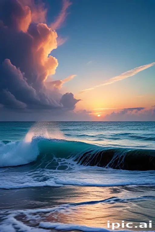 Stunning Sunset Over the Ocean with Waves and Dramatic Clouds