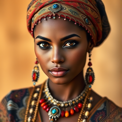 Create a portrait of a beautiful taino woman with striking black eyes and a gentle expression. She is adorned in traditional attire with intricate patterns, including a richly embroidered headscarf and matching garments. Her jewelry includes a delicate headpiece, dangling earrings, and ornate bracelets, all featuring vibrant gemstones and detailed metalwork. The background is soft and warm, enhancing the rich colors of her outfit and jewelry.