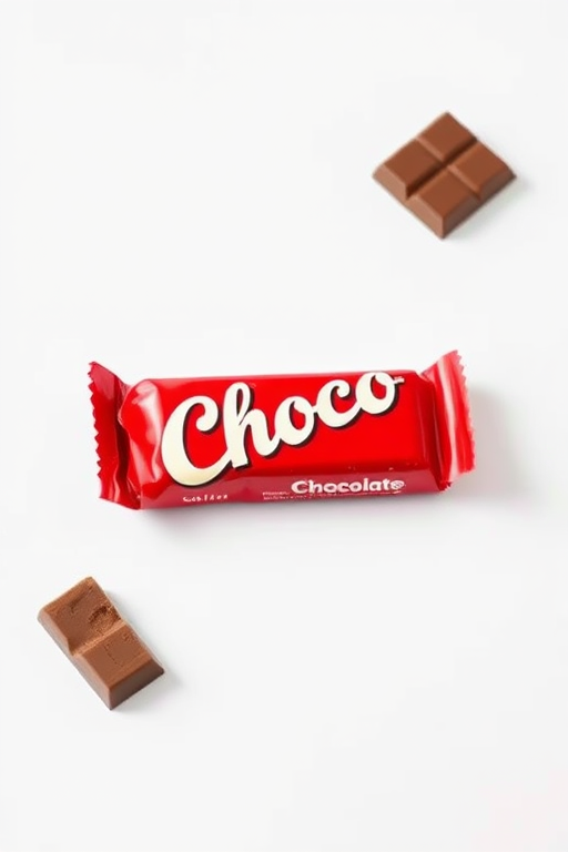Regenerate an image of a milk chocolate bar with a glossy red wrapper, featuring the word "Choco" prominently, placed on a clean white background, shot with a Canon EOS R5, 50mm lens, aperture f/2.8, ISO 100, and soft, diffused lighting to enhance the details and textures.