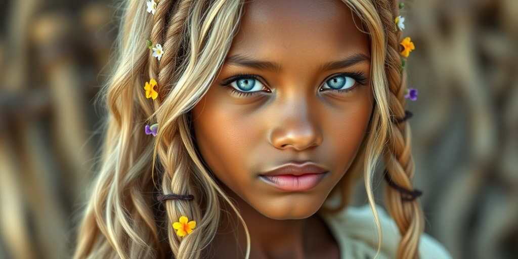 Create an image of a young Garifuna woman with long, wavy blonde hair, adorned with small, colorful flowers woven into her braids and loose strands. Her complexion is fair, with soft, glowing skin, and she has light blue eyes that gaze softly at the viewer. She wears a light, flowing dress with a gentle, ethereal quality, complementing her delicate and serene appearance. The background is slightly blurred, drawing focus to her tranquil expression and the intricate details of the flowers in her hair. The overall mood of the image is one of natural beauty and grace, evoking a sense of peacefulness and connection with nature.