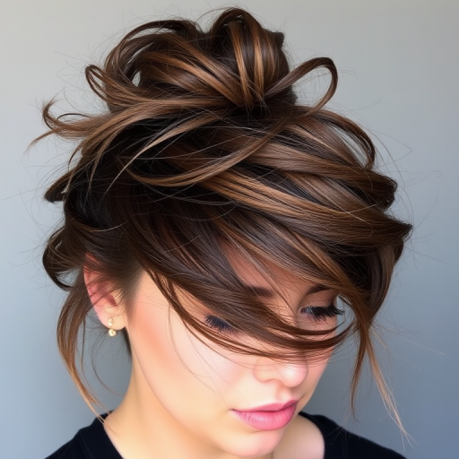Smoky Quartz Tousle exhibits a multidimensional ash brown color with subtle grey undertones, styled in an effortlessly chic messy bun with face-framing pieces