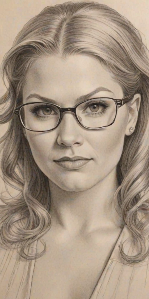 Lovely Beth Phoenix, pencil sketch, portrait of Attractive woman 1937s in glasses, hair style beatnik, outline, clear lines, fine lines, 8k