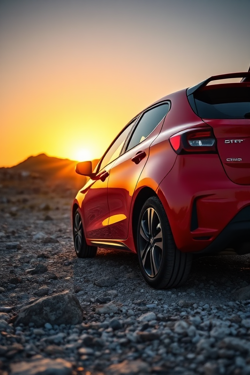 high-resolution image of a sleek red hatchback car parked on a rocky terrain during sunset, 35mm lens, f/2.8 aperture, ISO 100, shot from a low angle view to emphasize the car's design and details, using a DSLR camera with HDR settings