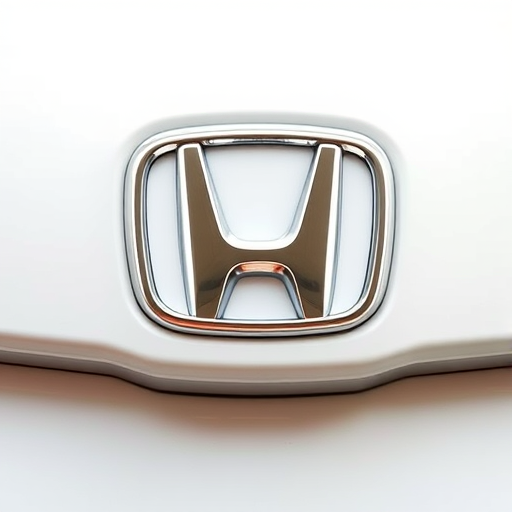 Create a high-resolution image of a metallic Honda logo against a clean white background, using a Canon EOS 5D Mark IV camera, with a 50mm lens at f/1.8, ISO 100, and a shutter speed of 1/200 sec, capturing a sharp, clear view with professional lighting.