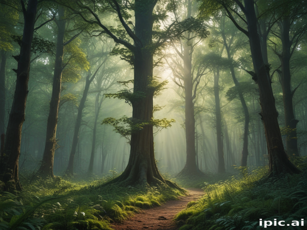 Enchanted Forest Pathway Bathed in Soft Morning Light and Mist