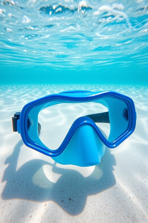 Underwater photograph of a blue snorkel mask on sandy seafloor, bright and clear water, natural lighting, 50mm lens, aperture f/2.8, ISO 200, shot with a DSLR camera from a top-down view.