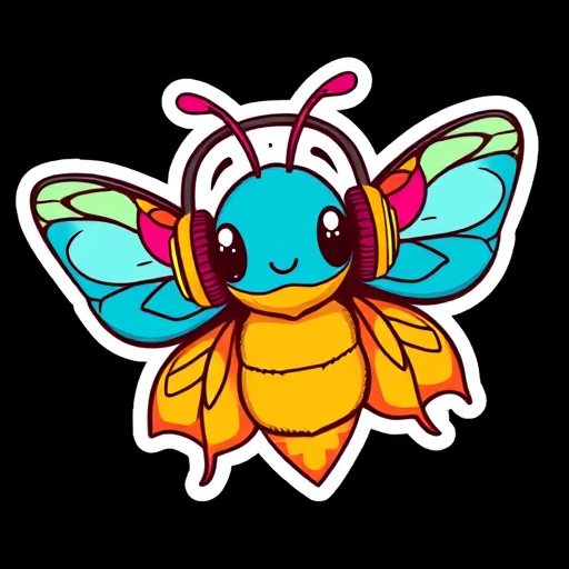 this image is sticker, Happy Colorful Moth wearing Headphones, kawaii, contour, vector, black background
