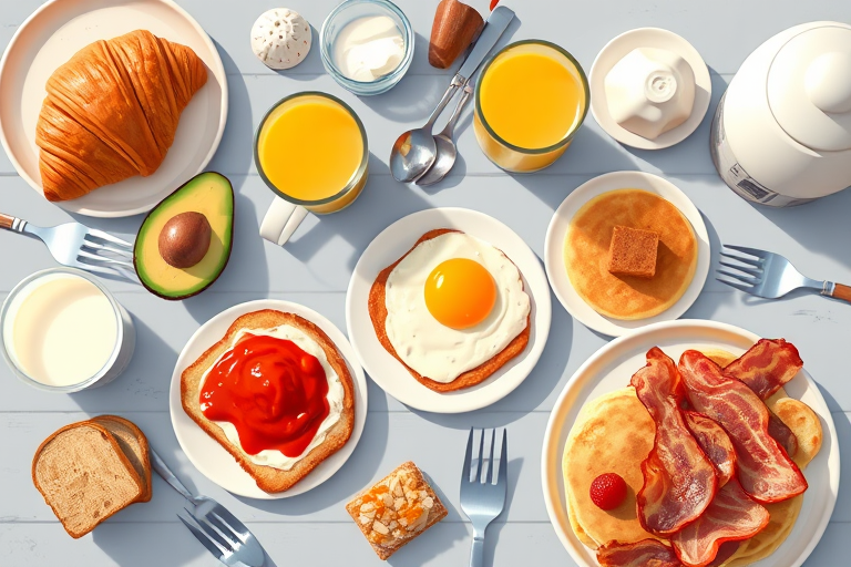 Generate an illustration of a breakfast scene featuring a croissant, avocado, bread with jam, eggs, orange juice, milk, bacon, pancakes, and kitchen utensils, captured with a DSLR camera at f/2.8, ISO 100, 50mm lens, overhead view, flat lay style, bright lighting.