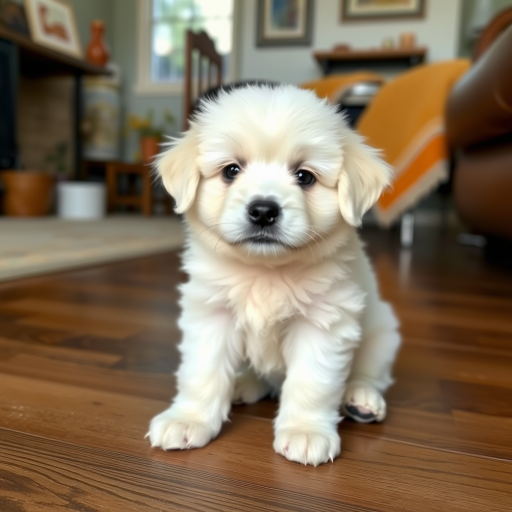 A fluffy white puppy sitting on a wooden floor with a curious expression and big black eyes in a cozy indoor environment