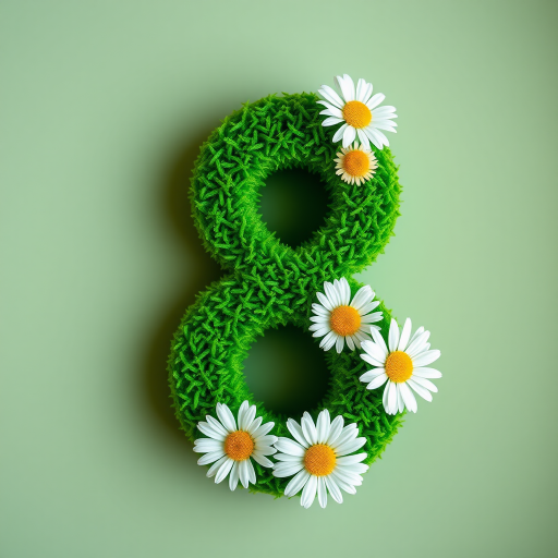 Create an image of a vibrant green number eight adorned with white daisies, using a Canon EOS R5 with 50mm f/1.2 lens, aperture set to f/2.8, ISO 100, and a soft-focus background for depth.