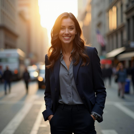 A 30-year-old woman stands confidently on a bustling city street, smiling warmly. She wears a tailored navy blazer, crisp white blouse, and fitted black trousers, her glossy chestnut hair cascading in loose waves. Golden-hour sunlight bathes the scene, highlighting her radiant skin and subtle makeup. Full-body view, 8k resolution, ultra-realistic textures, shallow depth of field with blurred traffic and skyscrapers behind her.