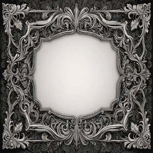 regenerate a vintage ornate frame design with intricate patterns and a blank center for text, in a black and white color scheme