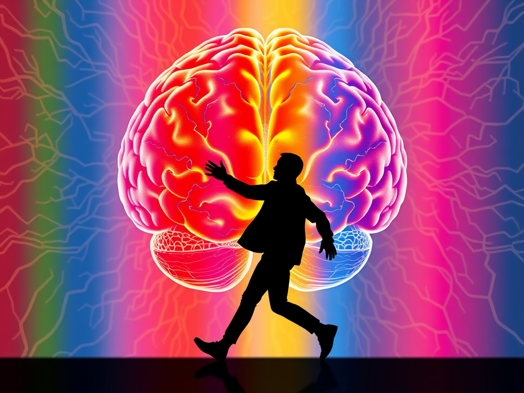 Create a digital illustration of a human brain with intricate neural pathways in the background and a silhouette of a person reaching out to another silhouette that appears to be running away, use a high-resolution setting, shot from a wide angle, with vibrant color gradients and a soft focus effect, using a Canon EOS R camera at f/2.8 and ISO 100.