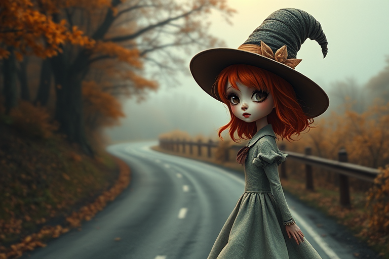 digital art fantasy depicting a strange girl with orange hair, long eyelashes, brown lipstick and a tall hat walking along a winding road on an autumn afternoon, an Oyster smiles as she passes