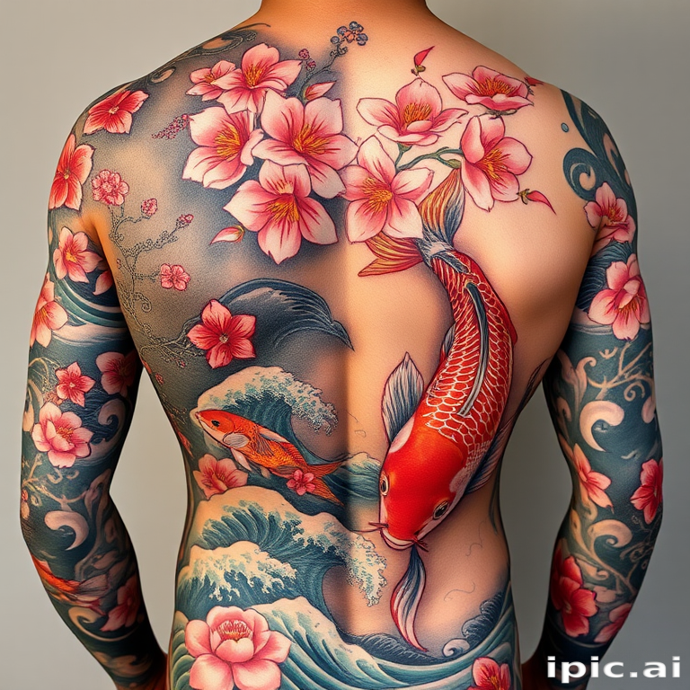 Exquisite Japanese-inspired full body suit tattoo featuring koi fish cherry blossoms and waves in traditional colors with meticulous attention to detail and shading