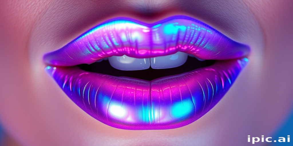 Holographic iridescent lips shifting colors in the light, from lavender to teal, futuristic and enchanting, pushing the boundaries of lip artistry