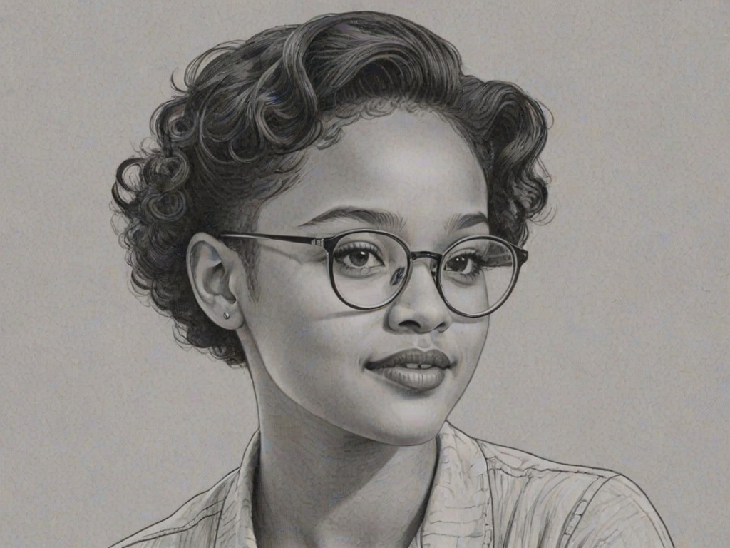Resplendent Kiersey Clemons, pencil sketch, portrait of Charming woman 1946s in glasses, hair style beatnik, outline, clear lines, fine lines, 8k